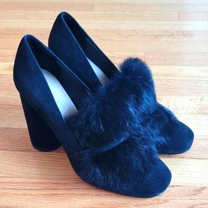 Donald J Pliner Black Suede Shoes with Faux Fur, Size 7.5